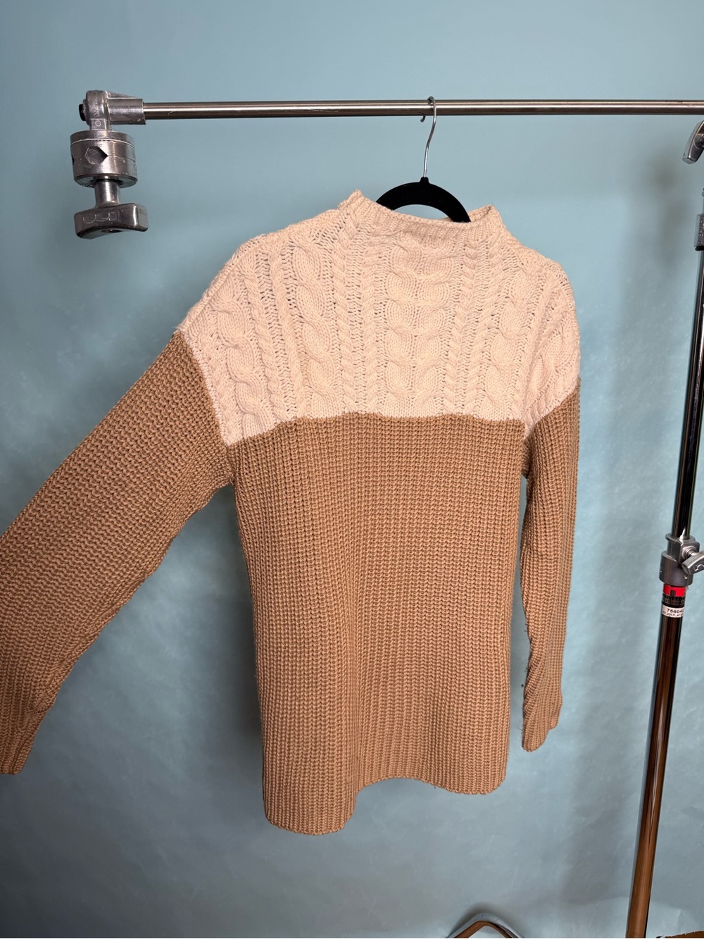 Sandro Two-Tone Cable Knit Mock Neck Sweater